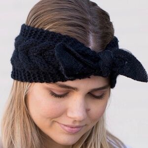 Black Knit Bow Headband‎ Textured Winter Ear Warmer One Size